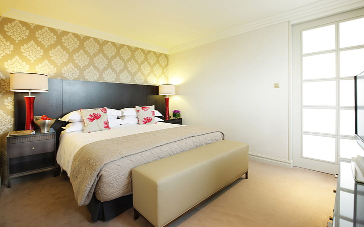 black wooden bed frame and beige bed sheet, room, bedroom, interior, design, furniture, HD wallpaper