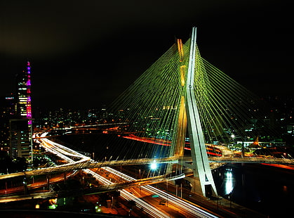 Tapeta HD mostu Sao Paulo, tapeta cyfrowa miasta i mostu, miasto, architektura, ameryka południowa / brazylia, podróż, noc, ameryka, most, światła miasta, widok z lotu ptaka, brazylia, ameryka południowa, sao paulo, most sao paulo, octavio frias de most Oliveira, Tapety HD HD wallpaper