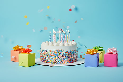 Festa, compleanno, torta, candela, regalo, Sfondo HD HD wallpaper