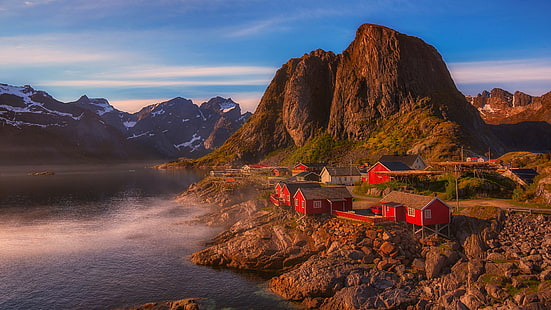 natura, reine, montagna, riflessione, cielo, lofoten, europa, villaggio di pescatori, villaggio, fiordo, norvegia, campagna, roccia, paesaggio, area rurale, case rosse, Sfondo HD HD wallpaper
