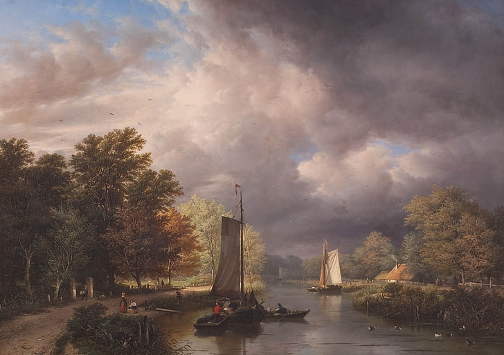 målning, flod, klassisk konst, båt, moln, träd, HD tapet