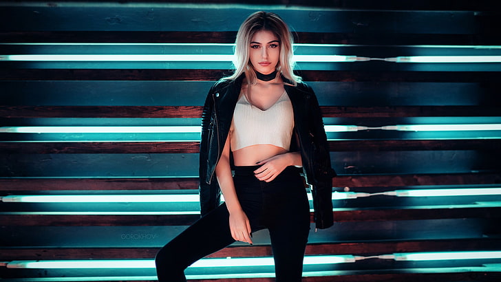 women's white crop top and black jacket, Ivan Gorokhov, women, model, looking at viewer, blonde, leather jackets, jeans, simple background, Galina Rover, HD wallpaper