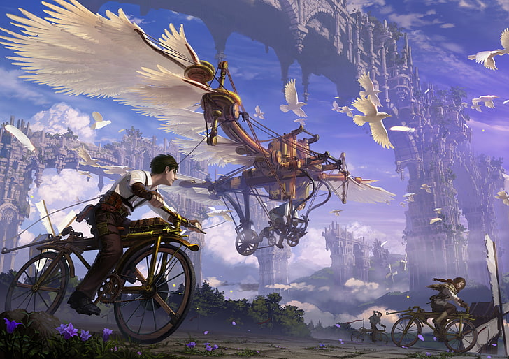 krajobraz anime, fantasy, ptaki, steampunk, chłopiec, dziewczyna, rower, anime, Tapety HD