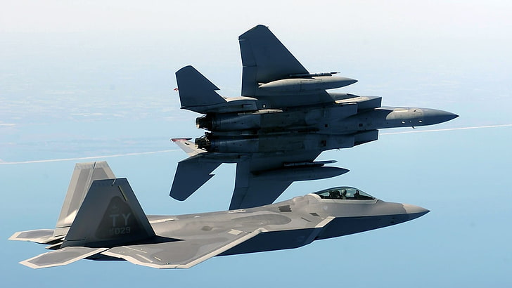 szary myśliwiec, samoloty wojskowe, samolot, niebo, odrzutowce, F22-Raptor, F-15 Eagle, wojskowe, samoloty, Tapety HD