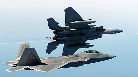 grå stridsflygplan, militära flygplan, flygplan, himmel, strålar, F22-Raptor, F-15 Eagle, militär, flygplan, HD tapet HD wallpaper