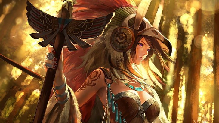 Native American clothing, headdress, plants, cleavage, bangs, forest, brunette, bare shoulders, fantasy art, women, trees, anime, feathers, Native Americans, original characters, spear, weapon, fur, rings, tattoo, looking away, HD wallpaper