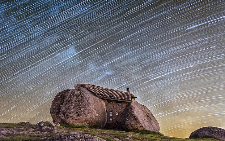 منزل خرساني بني ، منظر طبيعي ، منزل ، البرتغال ، كاسا دو بينيدو ، تعرض طويل ، نجوم، خلفية HD