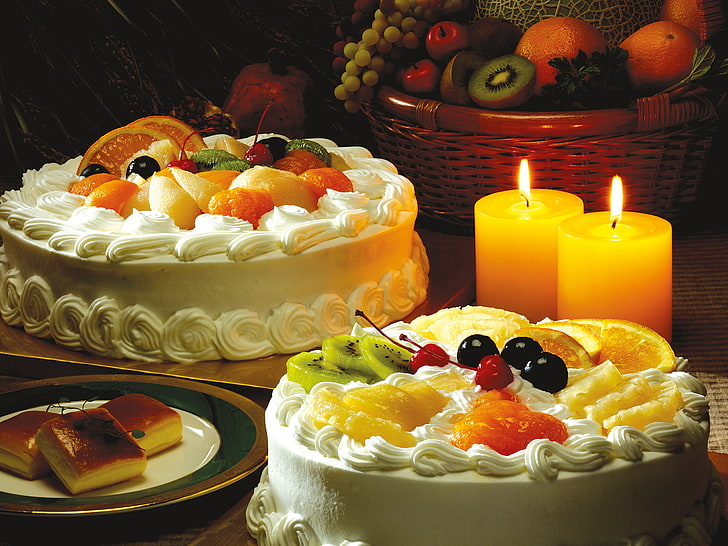 white icing-coated cake with fruit toppings, table, basket, apples, oranges, candles, kiwi, grapes, fruit, pineapple, cream, dessert, cherry, slices, saucer, cakes, puff, HD wallpaper