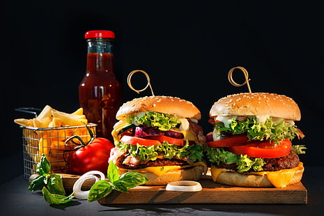 Nourriture, hamburger, frites, nature morte, Fond d'écran HD HD wallpaper