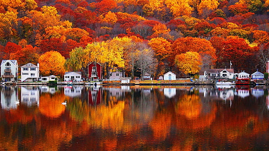 река, провинция, къща, САЩ, пейзаж, река Хусатон, растение, небе, езеро, отражение, Кънектикът, САЩ, дърво, вода, есен, листа, есенни цветове, HD тапет HD wallpaper