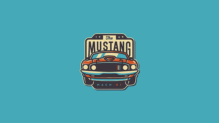 マスタングのロゴ、イラスト、フォードアメリカ、フォードマスタング、ファストバックマッハ1、フォードマスタングマッハ1、青い背景、パッチ、 HDデスクトップの壁紙