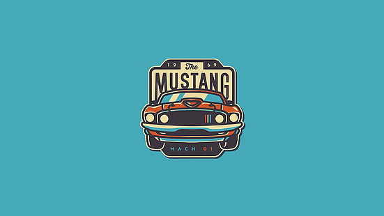 マスタングのロゴ、イラスト、フォードアメリカ、フォードマスタング、ファストバックマッハ1、フォードマスタングマッハ1、青い背景、パッチ、 HDデスクトップの壁紙 HD wallpaper