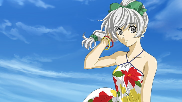 white haired female anime character, girl, dress, hairstyle, summer, breeze, sky, HD wallpaper