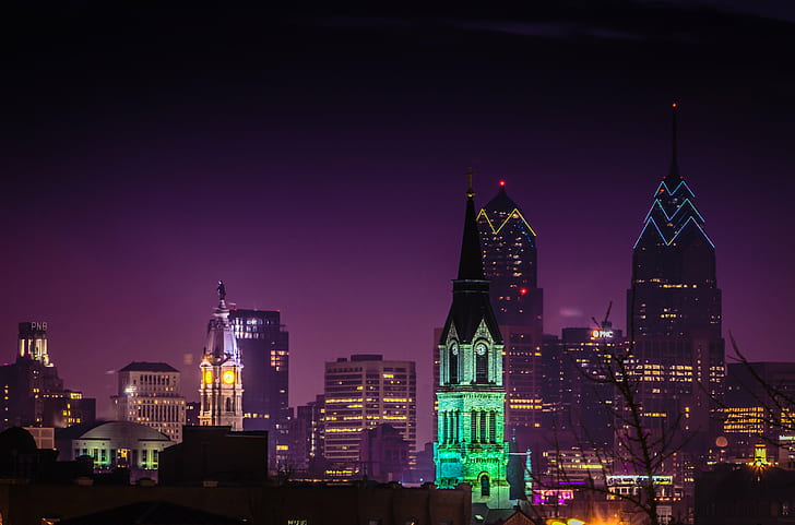 photo of high rise buildings during nighttime, philadelphia, philadelphia, Philadelphia, Skyline, HDR, photo, high rise buildings, nighttime, Night, cityscape, urban Skyline, architecture, skyscraper, famous Place, urban Scene, city, illuminated, tower, dusk, downtown District, built Structure, building Exterior, HD wallpaper