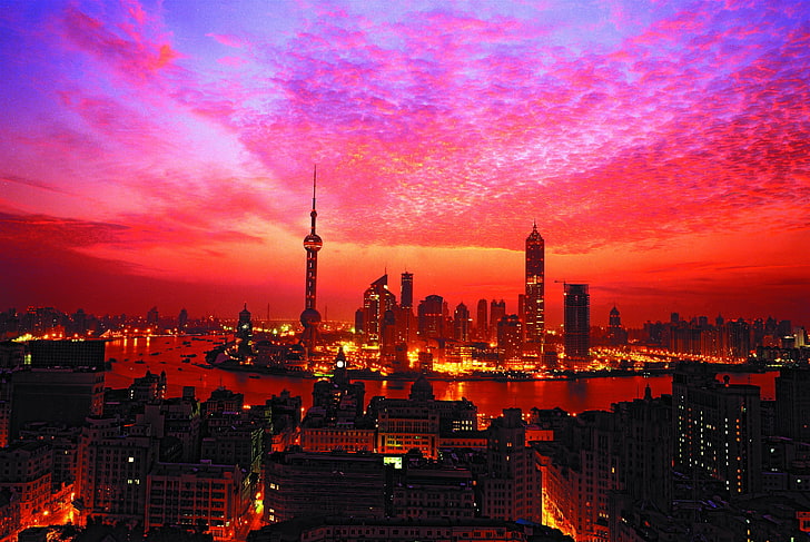 aerial view bangunan kota, Shanghai, matahari terbenam, bangunan, Wallpaper HD
