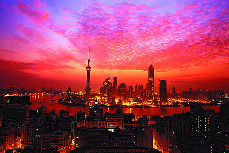 vista aérea, de, edifícios cidade, shanghai, pôr do sol, predios, HD papel de parede HD wallpaper