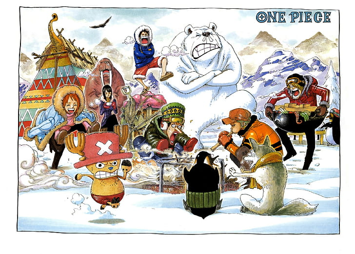 One Piece, Nami, Nico Robin, Sanji, Roronoa Zoro, snow, Usopp, Tony Tony Chopper, HD wallpaper