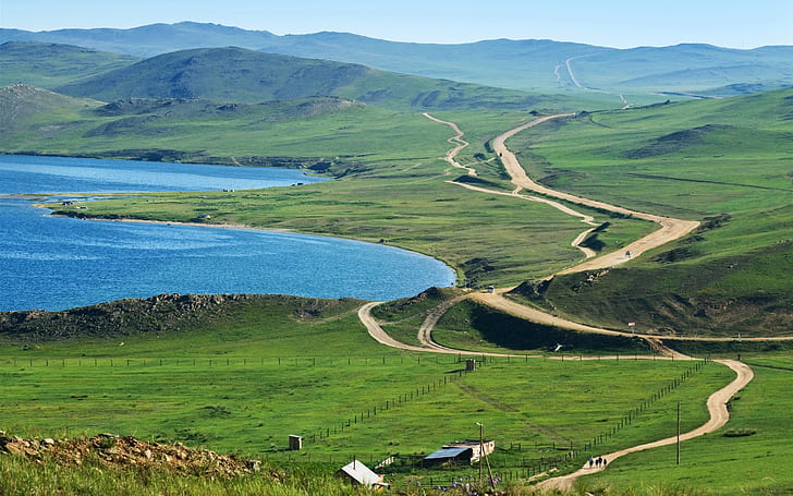 Russland, der Baikalsee, Felder, Wiesen, Straßen, Gewässer nahe grüner Rasenfläche, Russland, See, Baikal, Felder, Wiesen, Straßen, HD-Hintergrundbild