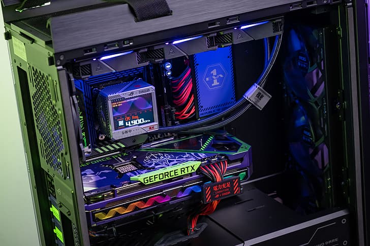 Republic of Gamers, ASUS, PC build, PC cases, Evangelion Unit-01, water cooling, crossover, GPU, HD wallpaper