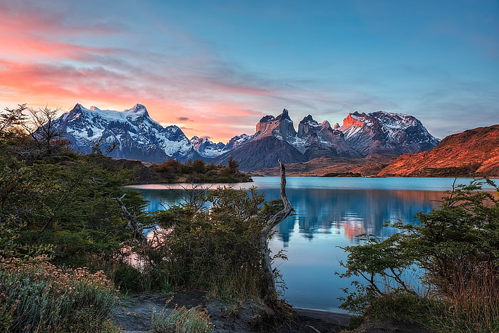 photography, nature, landscape, mountains, lake, sunset, shrubs, snowy peak, Torres del Paine, national park, Patagonia, Chile, HD wallpaper