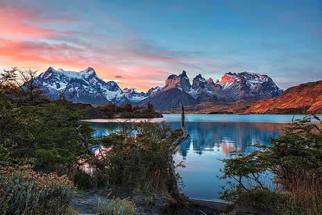 photography, nature, landscape, mountains, lake, sunset, shrubs, snowy peak, Torres del Paine, national park, Patagonia, Chile, HD wallpaper HD wallpaper