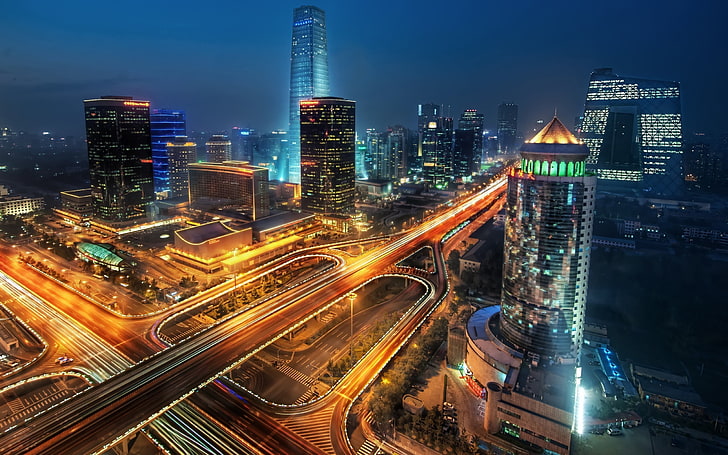 timelapse luzes da cidade preto e laranja, paisagem urbana, cidade, intercâmbio, China, longa exposição, tráfego, estrada, noite, luzes, HD papel de parede