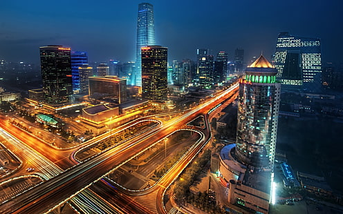 timelapse svart och orange stadsbelysning, stadsbild, stad, utbyte, Kina, lång exponering, trafik, väg, natt, ljus, HD tapet HD wallpaper