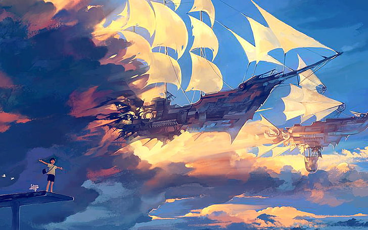 fly, ship, anime, illustration, art, blue, HD wallpaper