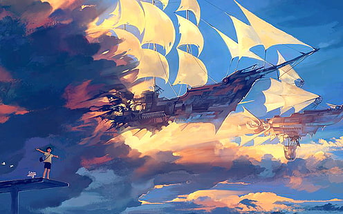 летать, корабль, аниме, иллюстрация, арт, синий, HD обои HD wallpaper