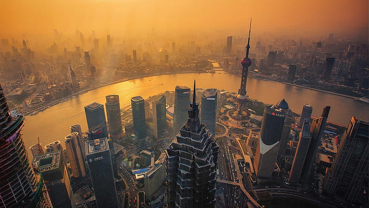 China Shanghai Sunset HD, aerial photo of buildings, china, cityscapes, shanghai, sunset, HD wallpaper