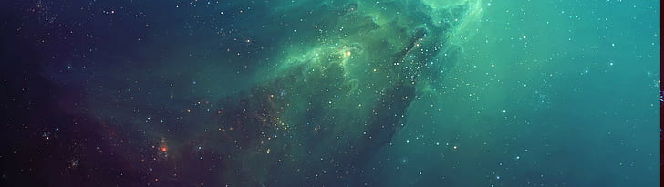 nebula, stars, TylerCreatesWorlds, artwork, space art, digital art, green, space, blue, multiple display, galaxy, HD wallpaper