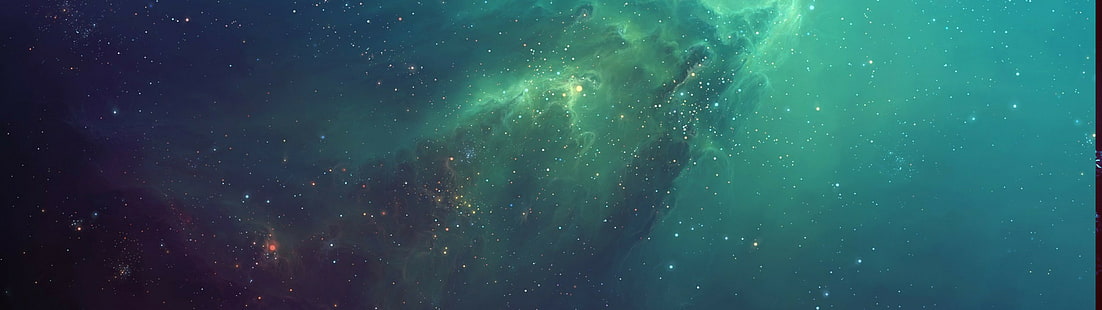 nebula, stars, TylerCreatesWorlds, artwork, space art, digital art, green, space, blue, multiple display, galaxy, HD wallpaper HD wallpaper