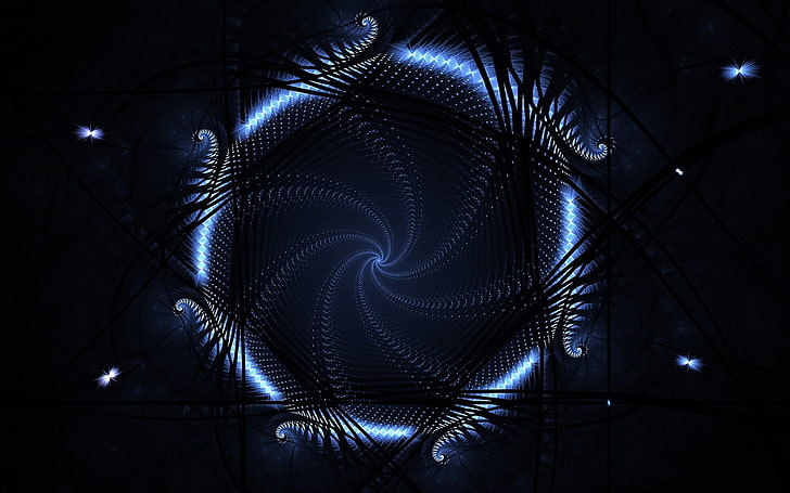blue and black swirl wallpaper, circle, blue, neon, light, HD wallpaper