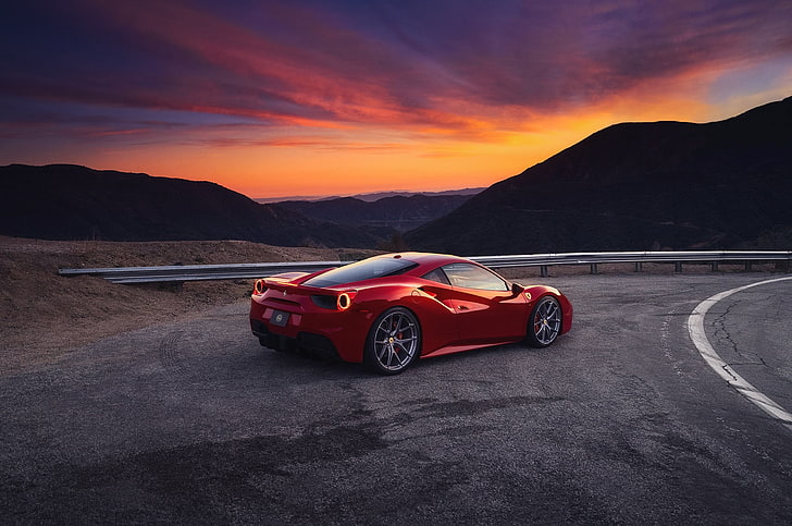 cupê vermelho Ferrari 458, céu, pôr do sol, montanhas, noite, Ferrari, vermelho, GTB, 488, HD papel de parede