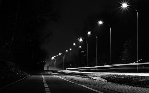 via, luci, buio, notte, macchina, città, bw, Sfondo HD HD wallpaper