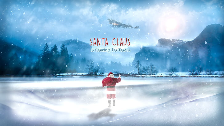 santa, Santa Claus, photo manipulation, Christmas, holiday, winter, snow, frozen lake, cyan, snowing, HD wallpaper