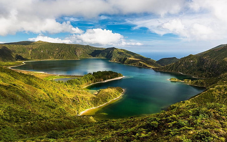 przyroda, krajobraz, jezioro, góry, wyspa, Azory, chmury, Portugalia, woda, krzewy, zieleń, drzewa, morze, Tapety HD