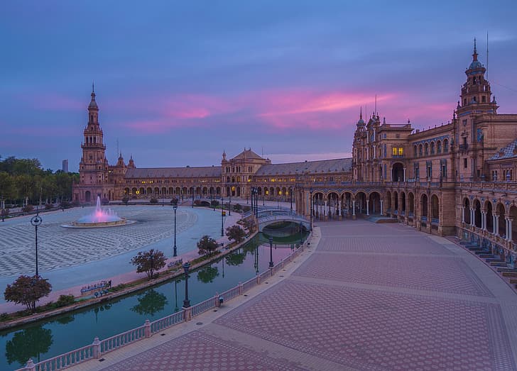 puesta de sol, puente, río, el edificio, torre, área, fuente, arquitectura, España, Sevilla, Plaza de España, España, Fondo de pantalla HD