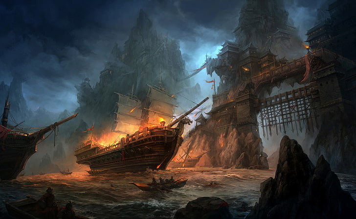 arte fantasia, navio, barco, batalha, HD papel de parede