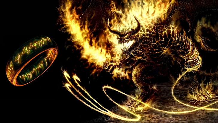 potwór z ilustracją ognia, Władca Pierścieni, Balrog, pierścienie, Śródziemie, fantasy art, czarne tło, ogień, demon, stwór, Tapety HD