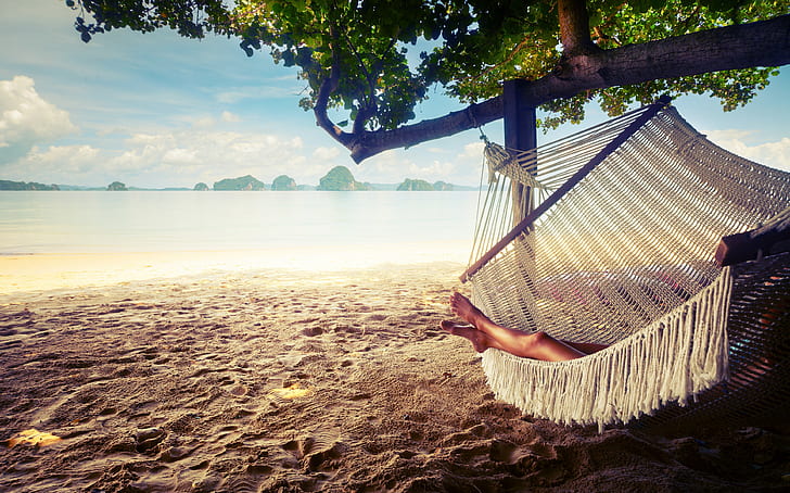 Hammock, sand, relaxing, white and blue hammock, sand, hammock, relaxing, resting, HD wallpaper