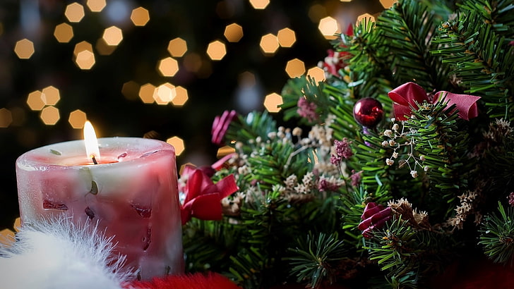 white and pink pillar candle, candle, fir, branch, new year, HD wallpaper