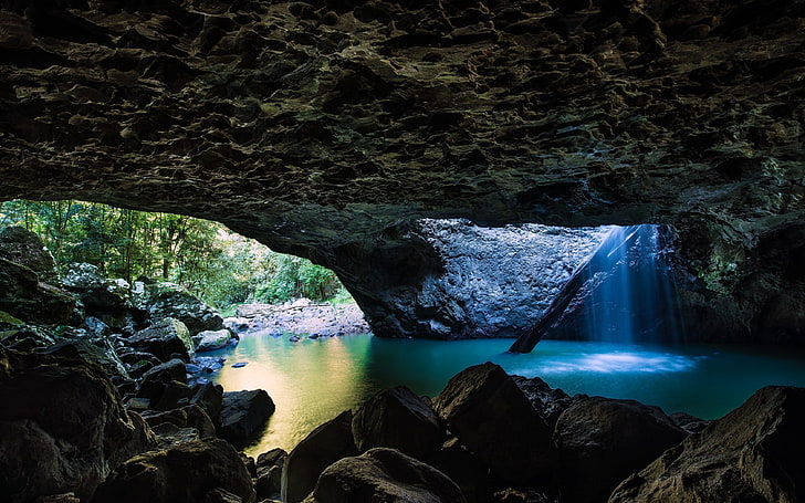зеленый водоем на пещере, пещере, HD обои