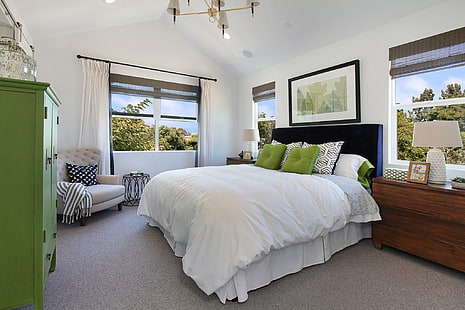 white comforter set, bedroom, bathroom, bedding, furniture, design, interior, HD wallpaper HD wallpaper