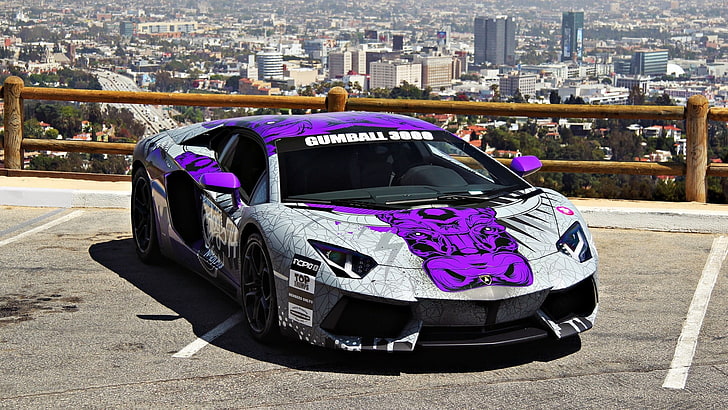 white and purple coupe, Lamborghini, Lamborghini Aventador, car, Gumball, vehicle, HD wallpaper