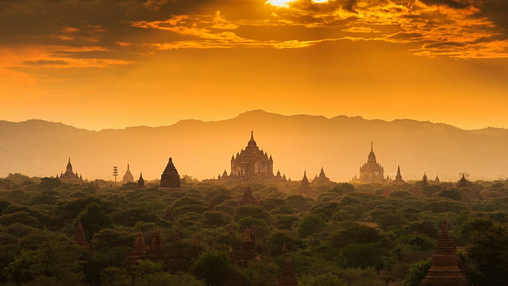 природа архитектура пейзаж слънчева светлина мъгла камбоджа хълм облаци дървета кула джунгли стара сграда залез, HD тапет