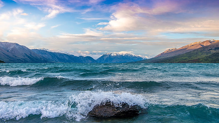 скала гора и водное пространство фото, вода, природа, озеро, Новая Зеландия, волны, горы, пейзаж, HD обои