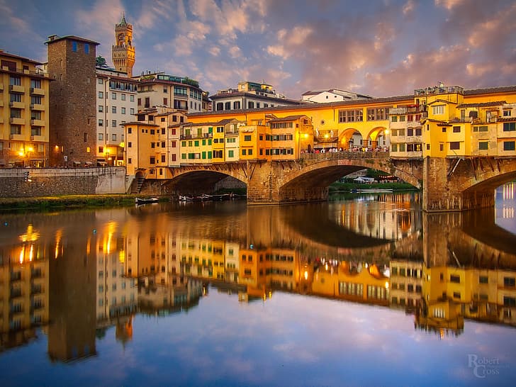 bridge, reflection, river, building, home, Italy, Florence, River Arno, Old Bridge, The Arno River, The Ponte Vo, HD wallpaper