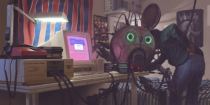 monitor de computador CRT branco, desenho, Simon Stålenhag, robô, cyberpunk, The Prodigy, HD papel de parede