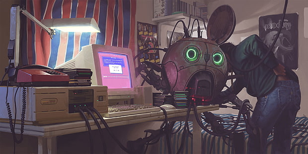 бял CRT компютърен монитор, рисунка, Саймън Столенхаг, робот, киберпънк, The Prodigy, HD тапет HD wallpaper